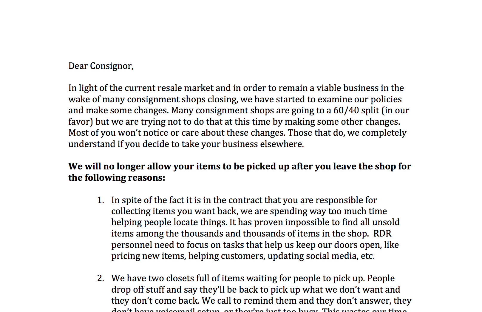 RDR Consignor Letter
